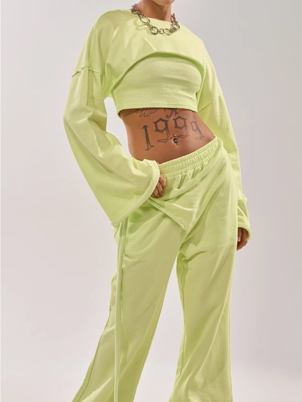 NWT AKIRA Neon Lime Wide-Leg sweat Pants and crop top set size XL